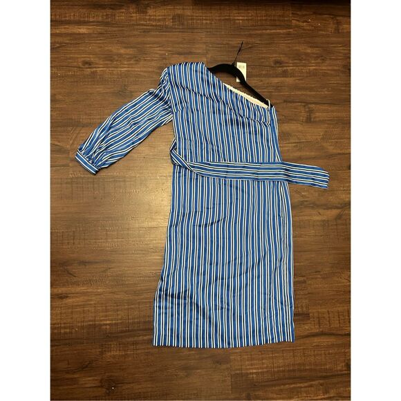 Banana Republic NWT One Shoulder Blue Stripe Midi Dress, Sz 0, MSRP $128 - Picture 2 of 11
